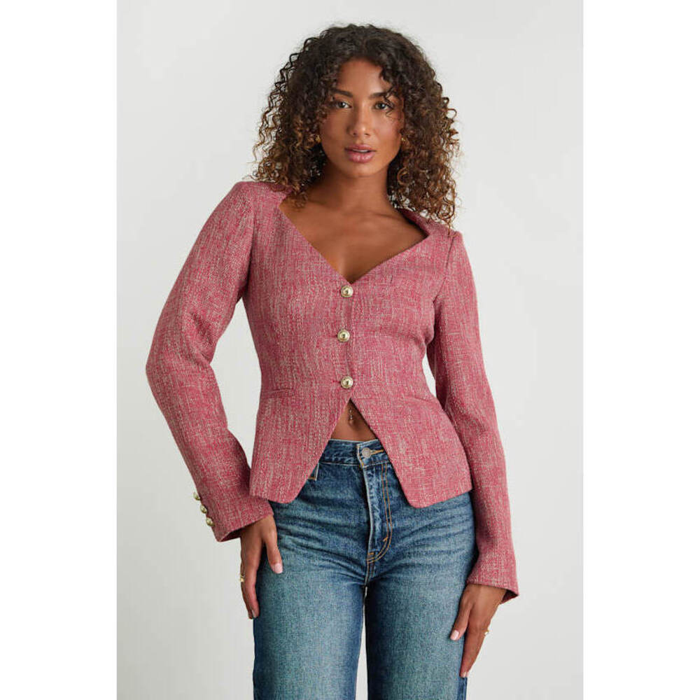 Lulus Vadima Berry Pink Tweed Button-front Blazer - Size S